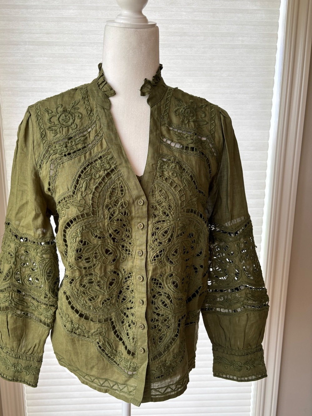 NWT Sundance Women's Embroidered Lace Button-Front Blouse Top Western Feel Olive